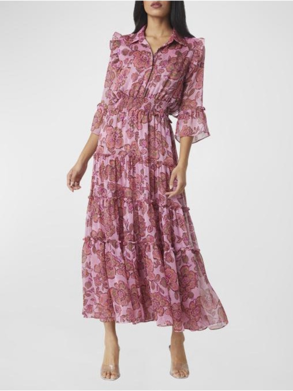 Misa Los Angeles Pink Floral Ruffle-Tier Maxi Dress